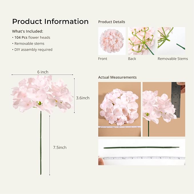 Auihiay 204Pcs Pink Hydrangea Artificial Flowers Bulk, Silk Hydrangeas | - Image 4
