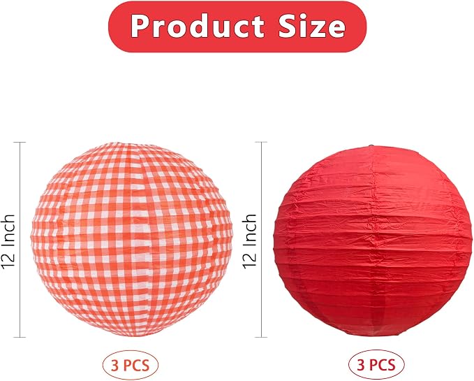 BEISHIDA 12Inch Red Plaid Paper Lanterns Hanging Round Chinese Lantern | 6Packs - Image 2
