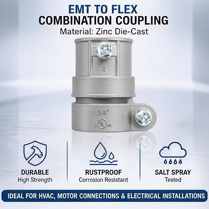 3/4" Squeeze EMT to Flex Coupling, cULus Listed, 5 Pack | Zinc die-cast - Image 6