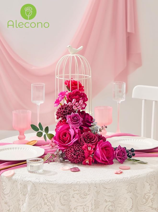 Alecono Hot Pink Artificial Flowers, Silk Fake Roses Floral Set | - Image 6