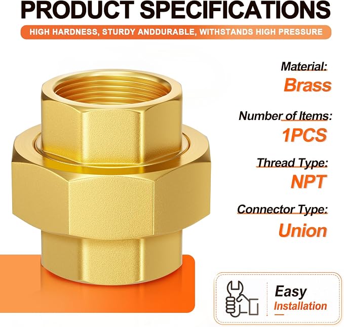 GASHER 1/2" FNPT Brass Union Pipe Fitting | 1/2 Inch Female x 1/2 Inch Female - Image 2