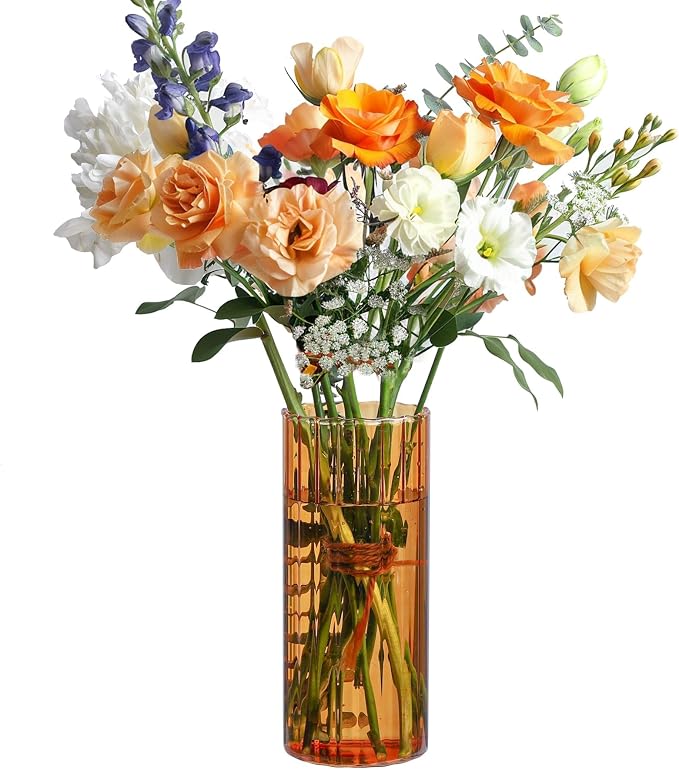 ComSaf Glass Cylinder Vase 8 Inch Tall, Amber Ribbed Decor by ComSaf