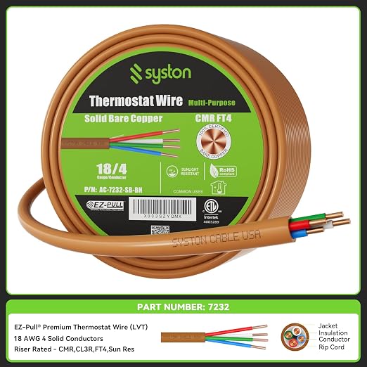 Syston 18/4 Thermostat Doorbell HVAC Heating Control Cable Wire, 100% Solid - Image 2