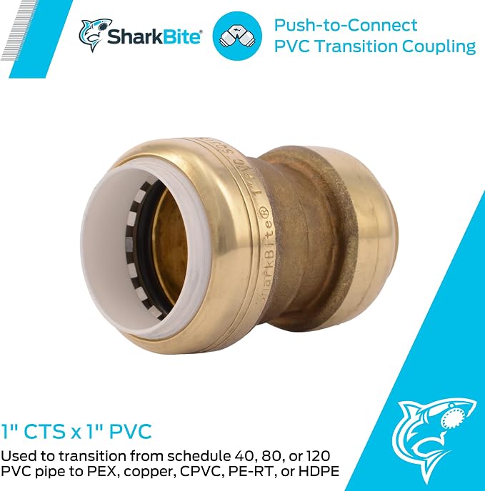 SharkBite 1 Inch CTS x 1 Inch PVC Transition Coupling, Push to Connect Brass - Image 4