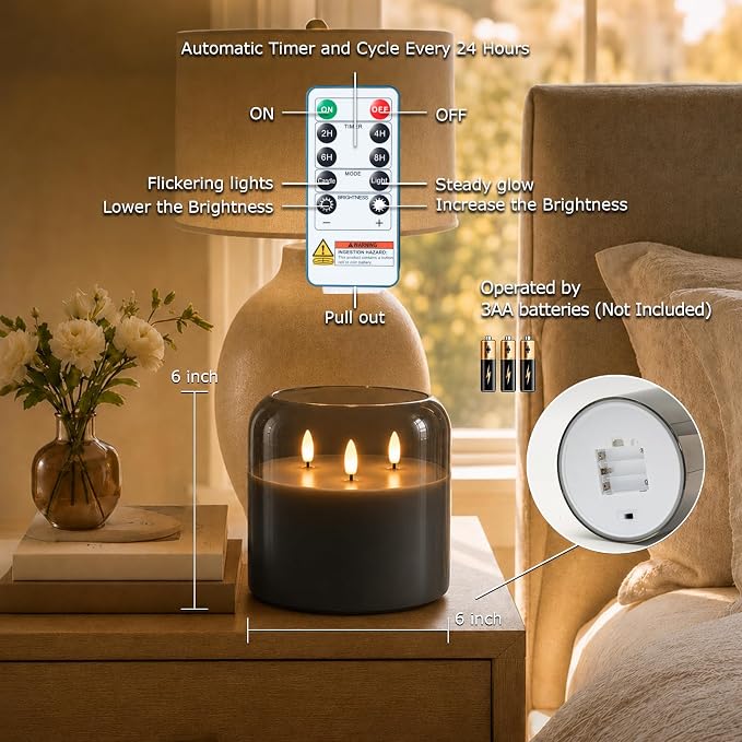 Homemory Grey Large Glass Flameless LED Candle, 3 Wicks, Remote Timer | 6"x6" - Image 4