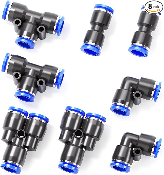TAILONZ 12mm Push to Connect Fitting Splitters+Elbows+Tees+Straight 8pcs | by TAILONZPNEUMATIC