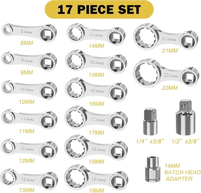 17 Pcs Metric Torque Adapter Set, 12-Point Extension, 3/8" | 1/2''+1/4'' + Bit - Image 2
