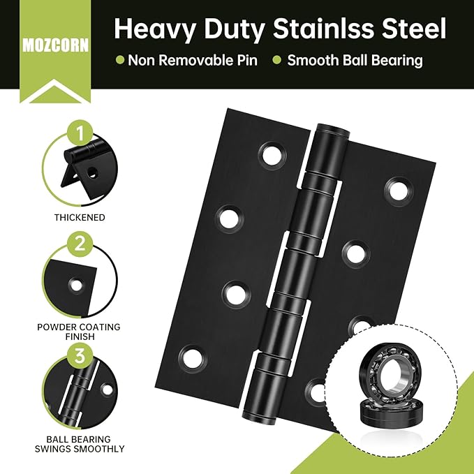 3-Pack Black Door Hinges, 4 Inch Heavy Duty Stainless Steel Hinge - Image 3