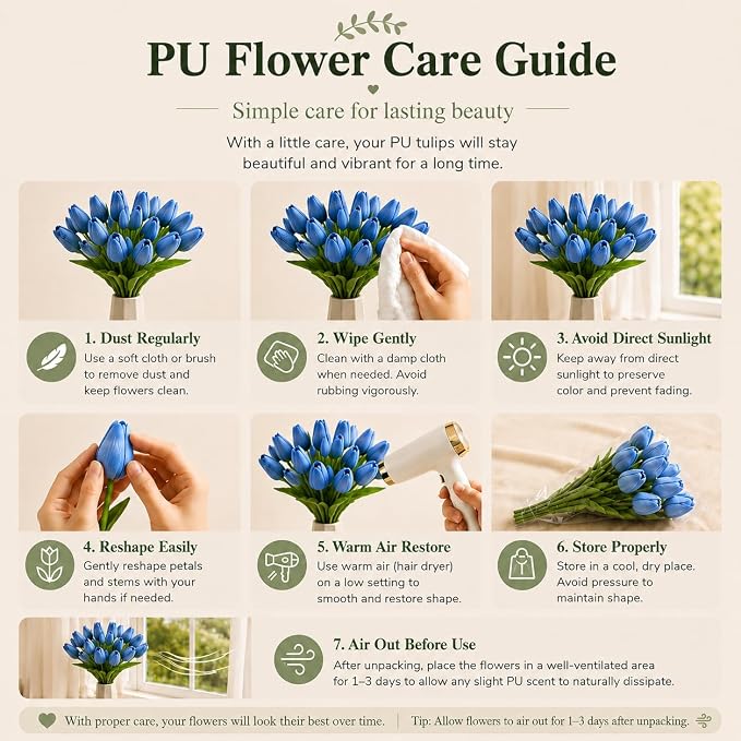 Mandy's 20pcs Artificial Light Blue Tulips | 13.5 Inch Lifelike PU Tulips Faux - Image 6