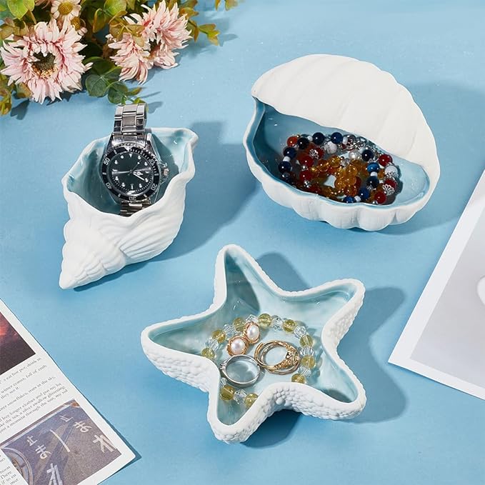 NBEADS Conch Shape Ceramic Jewelry Tray, Aqua Shell Trinket Dish Ceramic Ring - Image 4