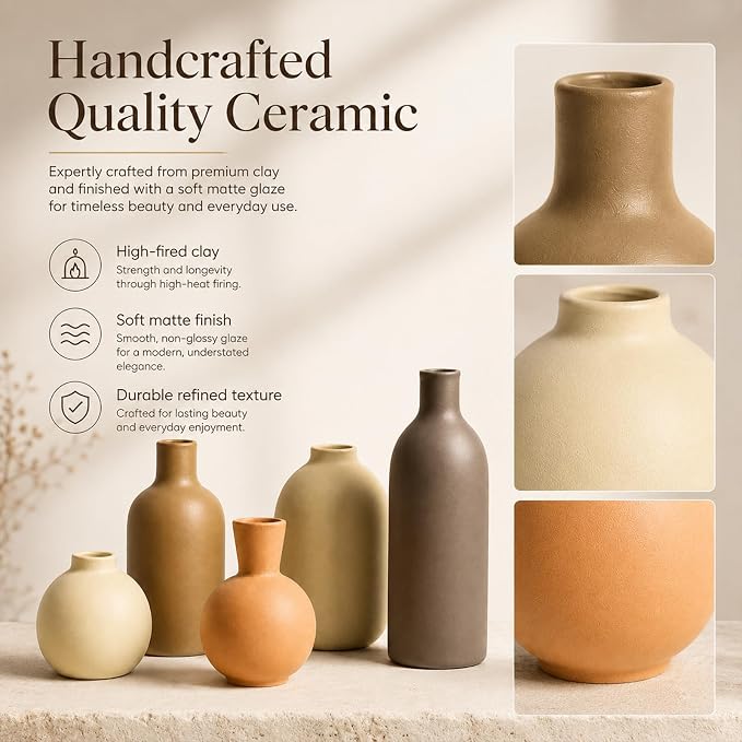 Neutral Ceramic Vase Set – 5 Matte Earth-Tone Vases - Image 5