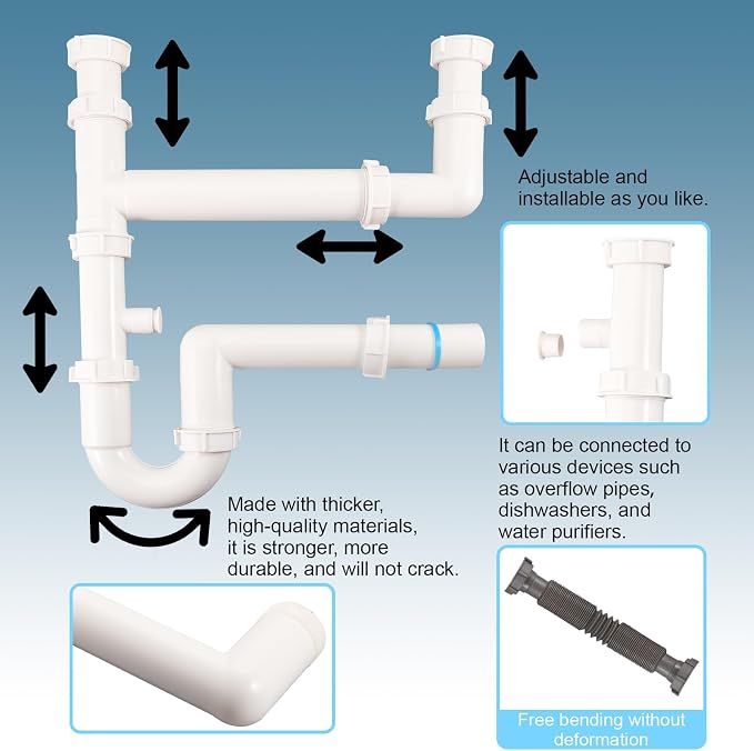 Universal 1-1/2" Kitchen Sink Drain Kit, Space-Saving kitchen drain P-trap - Image 4