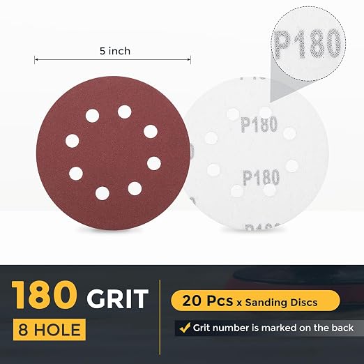 HARFINGTON 20 Pcs 5 Inch Sanding Discs 180 Grit Red Aluminum Oxide 8 Hole | - Image 2
