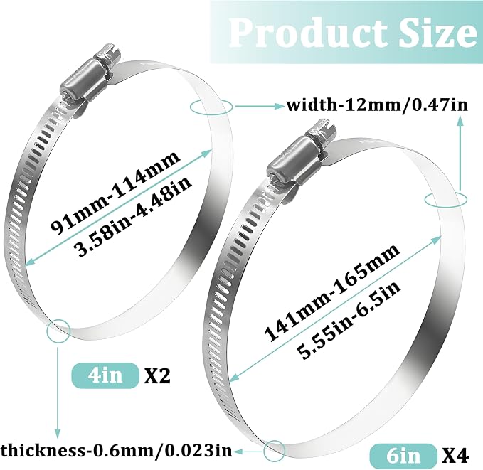 Dianrui 6PCS 6inch + 4inch Hose Clamps Stainless Steel 304 Duct Clamps Dry Vent - Image 2