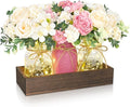 BLEUM CADE 3Pcs Mason Jar with Artificial Roses Flowers Wood Tray and Light | by BLEUMCADE