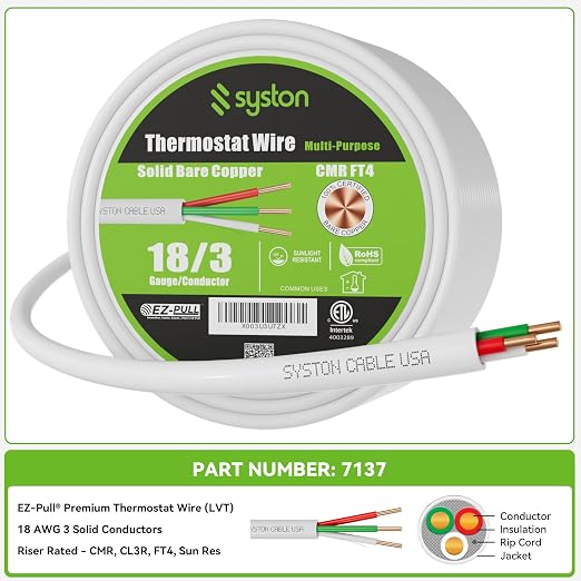 Syston 18/3 Thermostat HVAC Cable Wire, 100% Solid Copper, Riser/CL3R/CMR | 18 - Image 3