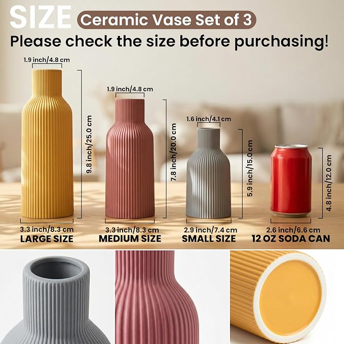 Colorful Ceramic Vases Set of 3, Matte Vertical Ribbed, Minimalist - Image 2