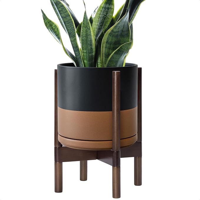 D'vine Dev Ceramic Pot with Walnut Wood Stand, 10 in, 55-B-X-7 | Mid-Century by DvineDevPlanterPotsandStand