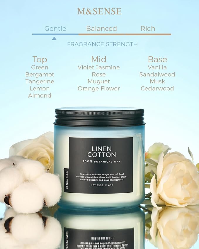 M&SENSE Fresh & Linen Cotton Scented Candles, 11.6oz Natural Soy Wax | 70-Hour - Image 2