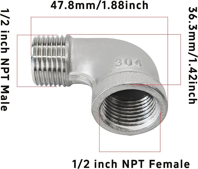 2Pcs 90 Degree Street Elbow, 1/2" NPT Male x 1/2" NPT Female, 304 Stainless - Image 2
