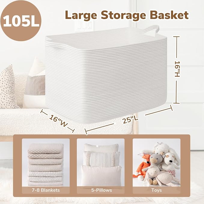 Goodpick 105L Extra Large Woven Rope Blanket Basket, Living Room, Bedroom & - Image 3