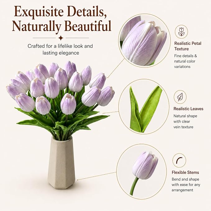 Mandy's 20pcs Artificial Light Purple Tulips | 13.5 Inch Lifelike PU Tulips - Image 4