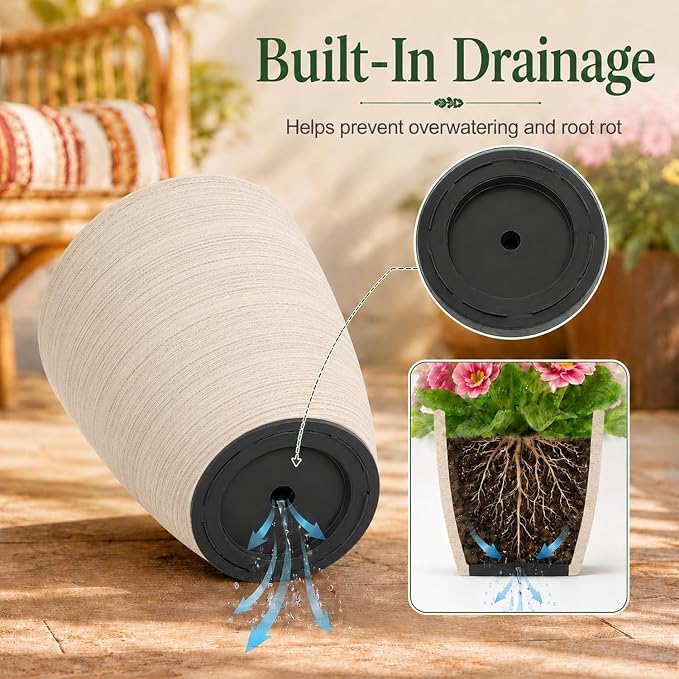 Neoaider Set of 2 Tall Planter, 21 inch Large Plastic Planter, Oat Color | - Image 6