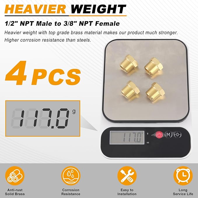 KOOTANS 4pcs Heavy Duty 1/2 NPT Male Thread to 3/8 NPT Female Thread Brass - Image 5