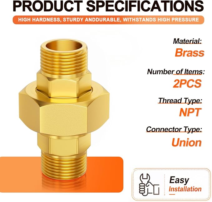 GASHER 2PCS 1/4" MNPT Brass Union Pipe Fitting | 1/4 Inch Male x 1/4 Inch Male - Image 2
