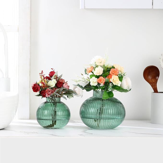 Green Glass Vases for Tulips, Flower Vases for Bouquet, Ribbed Glass Vase for - Image 2