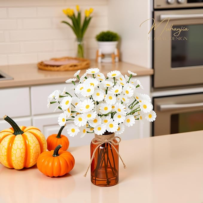 Muhanjia Artificial Daisy Flowers in Amber Glass Vase - Image 5