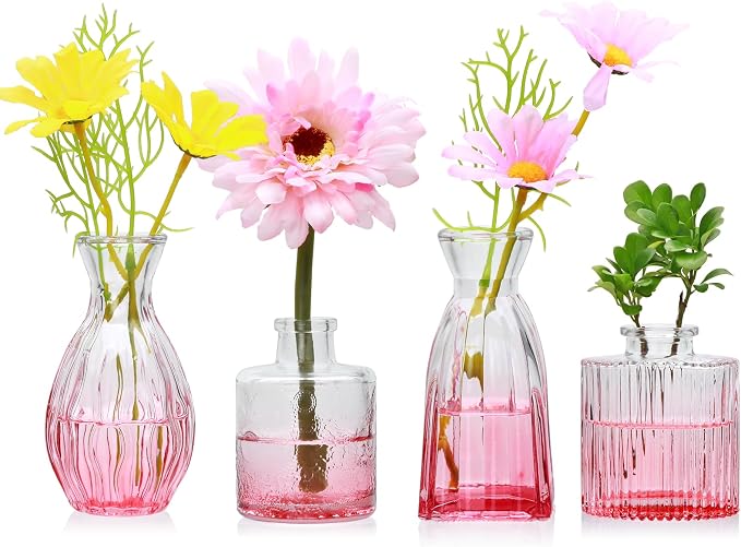 Glass Bud Vases Set of 4, Small Pink Flower Vases by Mapoxy