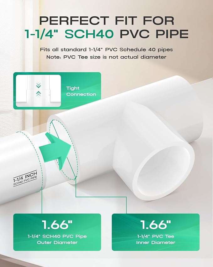 2-Pack 1-1/4 Inch PVC Tee Pipe Fittings, 3 Way Socket x Socket, Schedule 40 PVC - Image 3