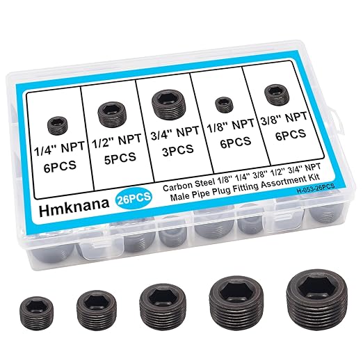 26PCS Black Pipe Plug Fitting Assortment Kit, Carbon Steel 5 Sizes 1/8" 1/4" by Hmknana