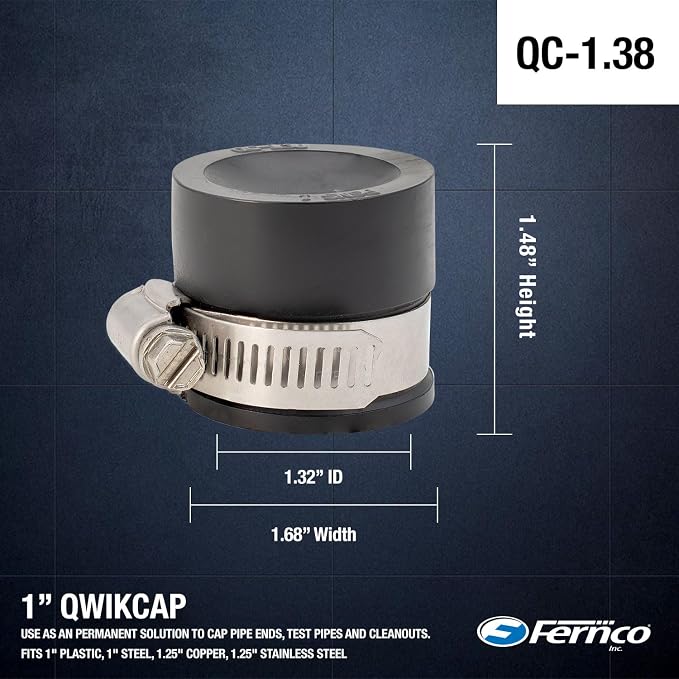 Fernco PQC-1.38 1-in. QwikCap Flexible PVC Pipe Cap, Cleanout and Test Pipe Plug - Image 4