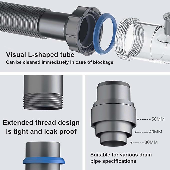 Flexible 1 1/2" Pipe Kit for One Kitchen Sink Space Saving Kitchen Sink Drain - Image 6