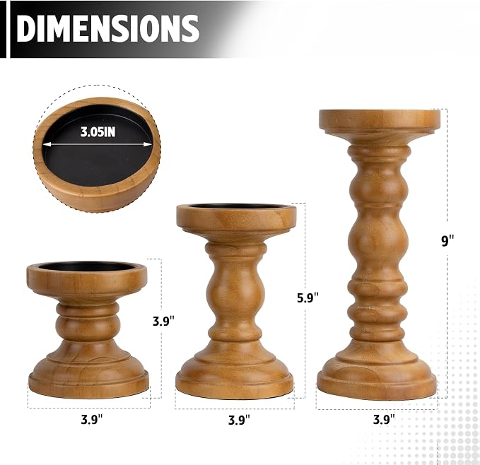 Candle Holder for Pillar Candle Set of 3, Farmhouse Wood Candle Holder - Image 2