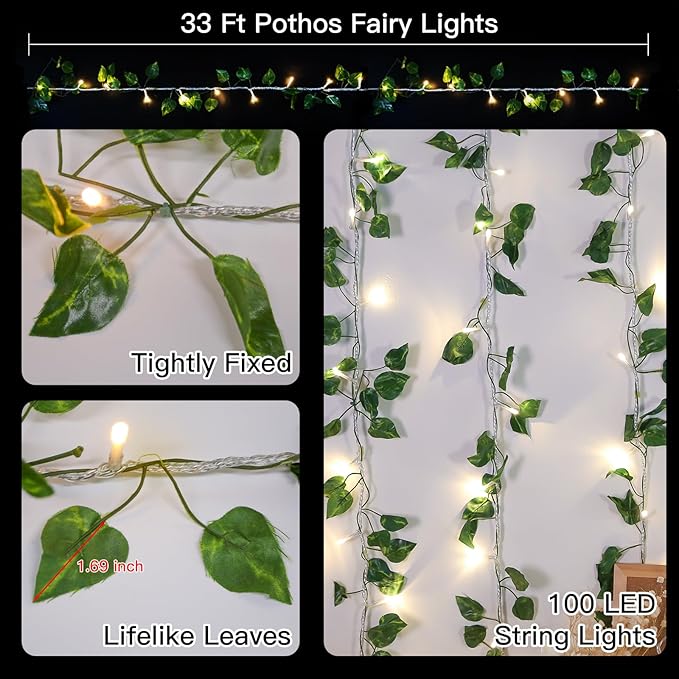 33FT 100 LED Pothos Vine with Fairy Lights Plug in Clear Wire | Connectable - Image 4