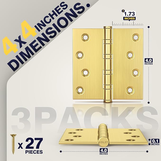 KOLET Ball Bearing Door Hinges, 4 x 4 Inches, Brushed Gold, 3 Pack | Square - Image 2