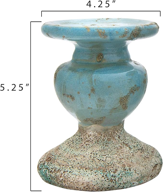 Creative Co-Op Small Distressed Blue Terracotta Pillar Candle Holder - Image 2
