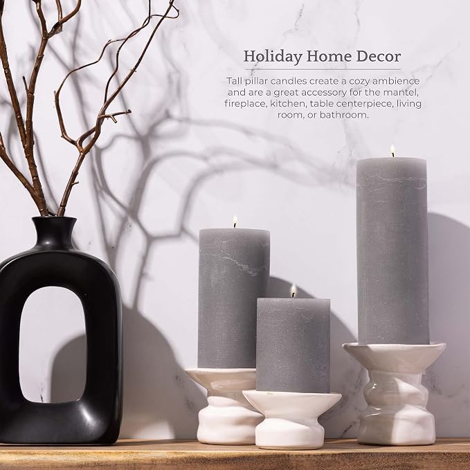 BASK Mottled Unscented Cool Grey Pillar Candles Set of 3 - Image 4