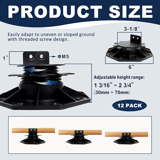 12 Pack Adjustable Deck Support Pedestal, 1-3/16" to 2-3/4" | Heavy Duty Deck - Image 2