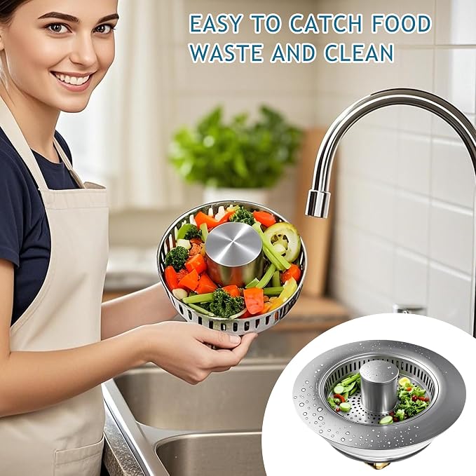 3-in-1 Kitchen Sink Drain Strainer & Stopper, Stainless Steel Food Catcher Plug - Image 5