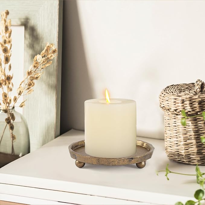 Vintage Cast Iron Pillar Candle Holder Plate, Rustic Brass Candle Tray | Round - Image 7