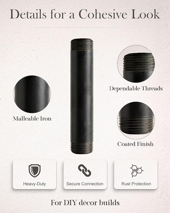 10 Pack 1/2 x 4 Inch Black Pipe Malleable Steel Nipples Fitting | DIY steampunk - Image 5