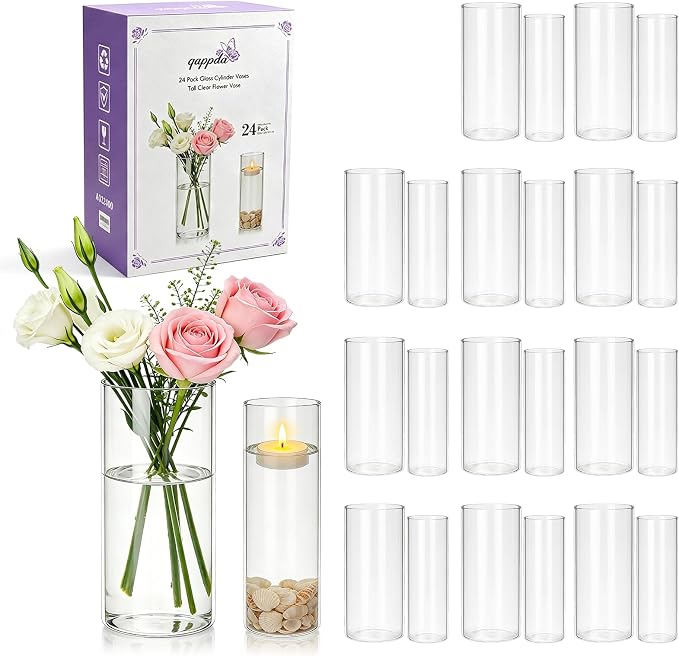 24 Pack Clear Glass Cylinder Vases, Flower Vases | Floating Candle Holder by QAPPDA