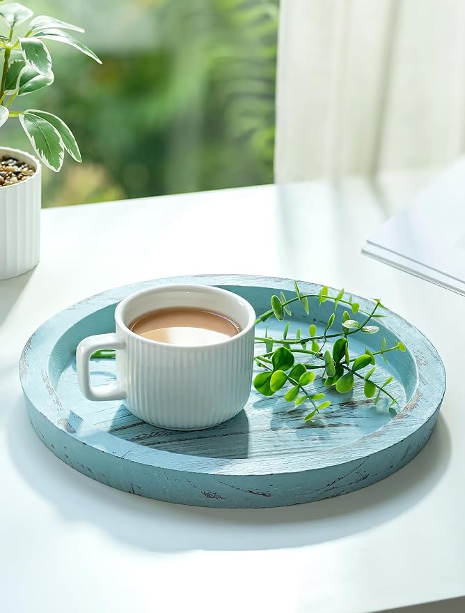 Hanobe Round Wood Candle Holder Tray, Ocean Blue Coastal Coffee Table Decor | - Image 6