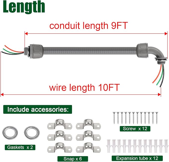10FT Liquid-Tight Conduit Kit, 1/2" Pre-Wired Electrical Whip - Image 5