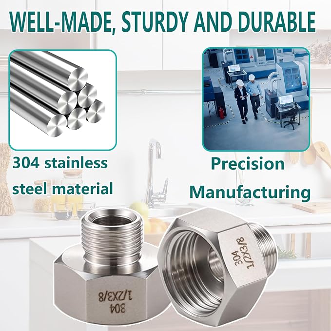 304 Stainless Steel Water Line Adapter （Lead-Free）, 1/2Female to 3/8 Male - Image 5