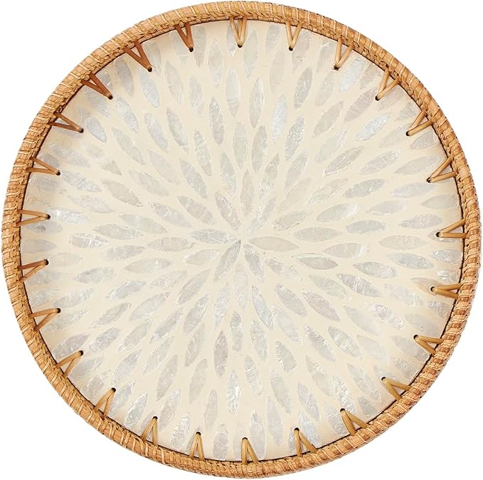 Kmelep Round Rattan Tray with Mother of Pearl Inlay, Rattan Serving Tray with by Kmelep